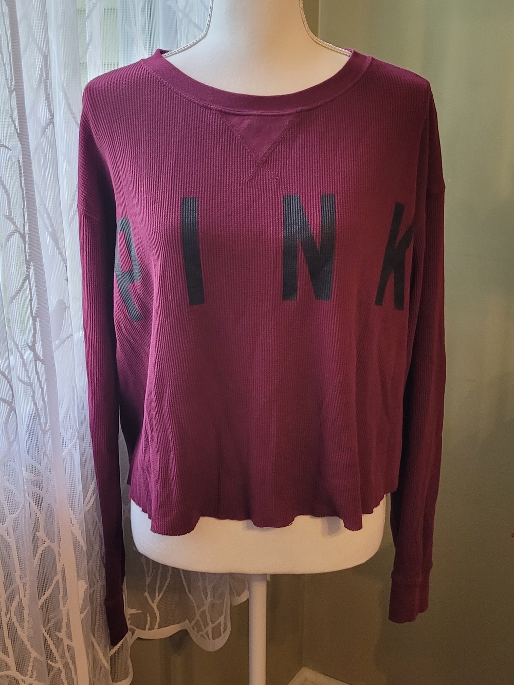 PINK Victoria's Secret Ribbed Crewneck Thermal Top in Burgundy with Black Logo